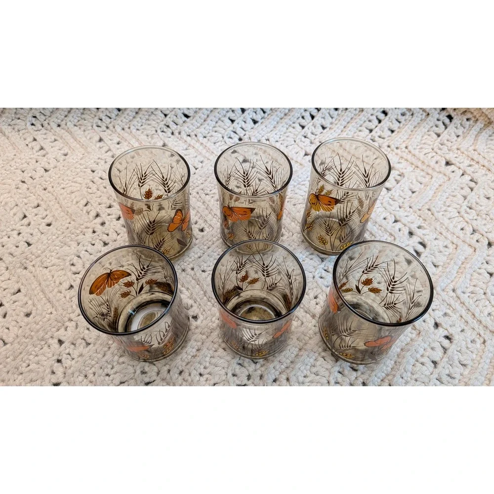 Vintage Libbey Butterfly Wheat Smoky Brown Juice Glasses Set of 6 Retro 4in